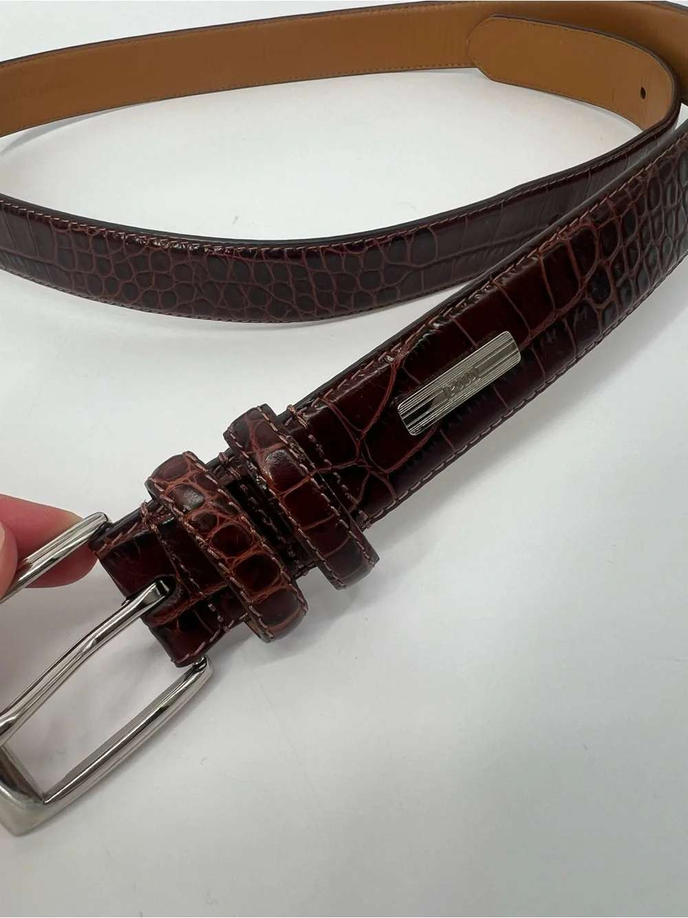 Polo Ralph Lauren Brown Croc-Embossed Genuine Leather Belt Designer Plaque 40